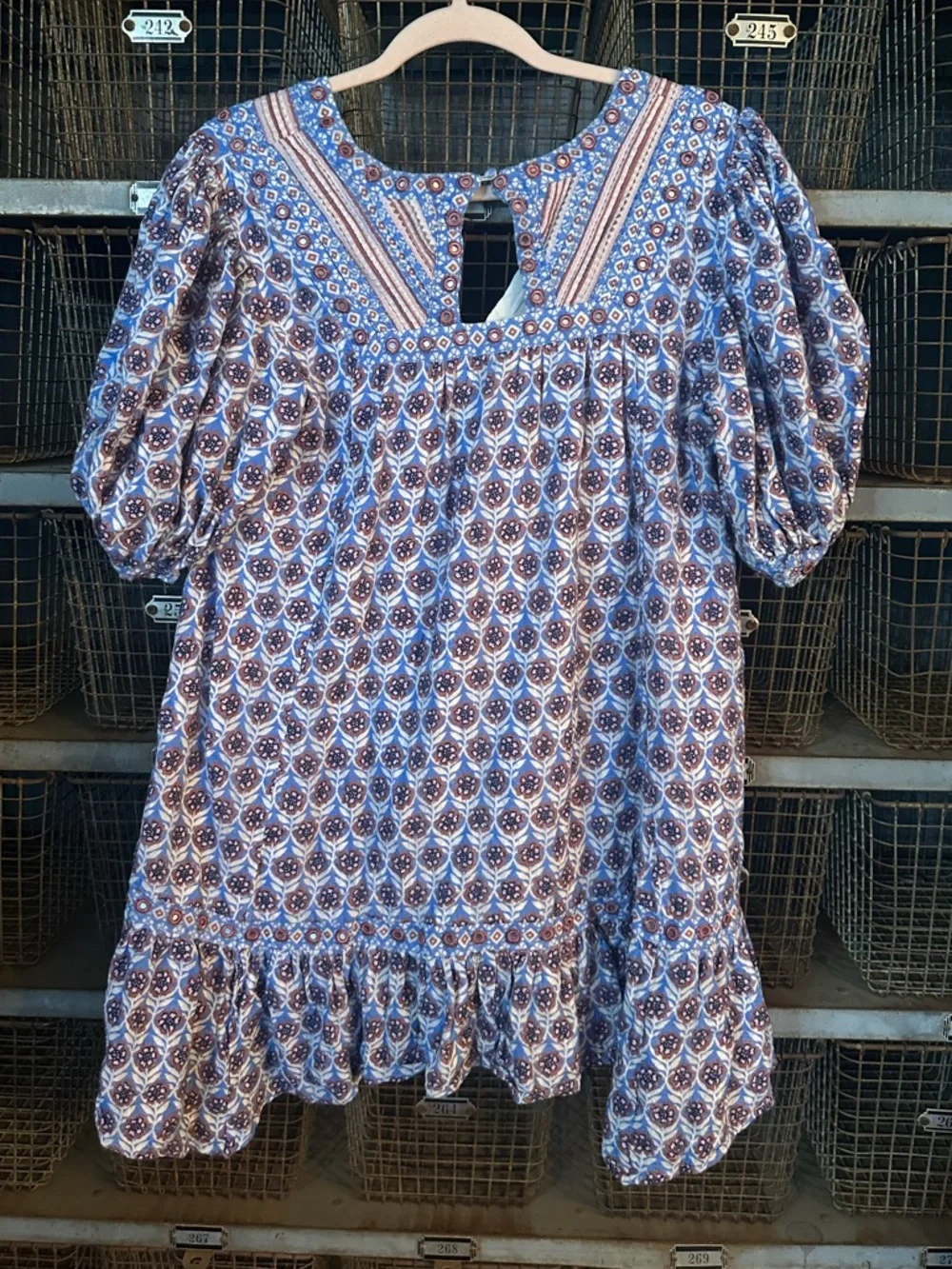 Maeve by Anthropologie Blue Puff-Sleeve V-Neck Mini Dress Large 38487 - Picture 6 of 13